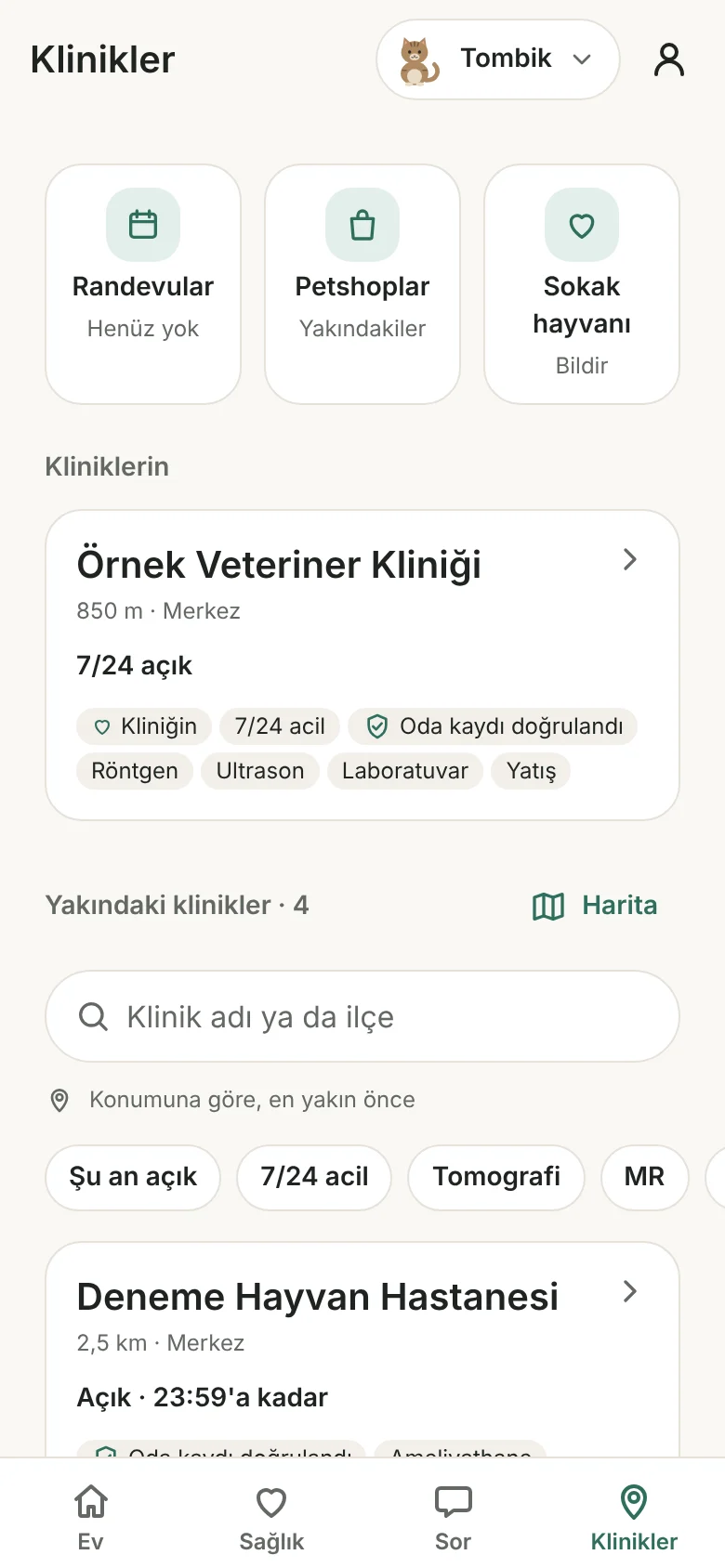Klinikler ekranı: yakındaki klinikler mesafeye göre