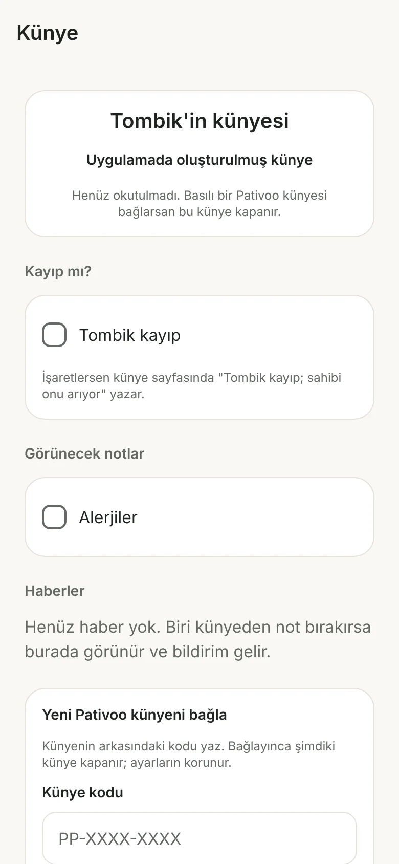 Künye ekranı: QR künye ve bulan kişiye görünen bilgiler